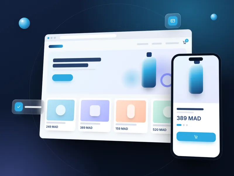Concept de démonstration : boutique en ligne sur ordinateur et téléphone, avec grille de produits et panier.