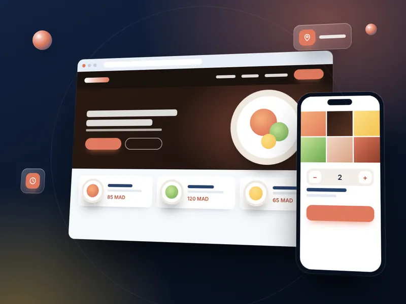 Concept de démonstration : menu de restaurant sur téléphone avec plats illustrés et réservation.