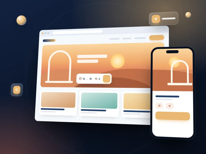 Concept de démonstration : site de tourisme avec paysage de dunes et carte de réservation.